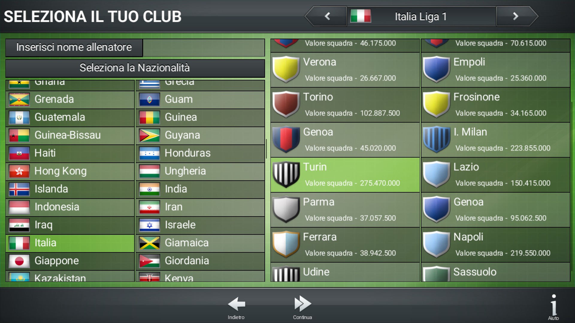 Club List screen shot